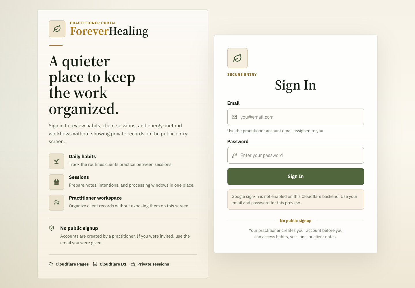 ForeverHealing practitioner login desktop preview