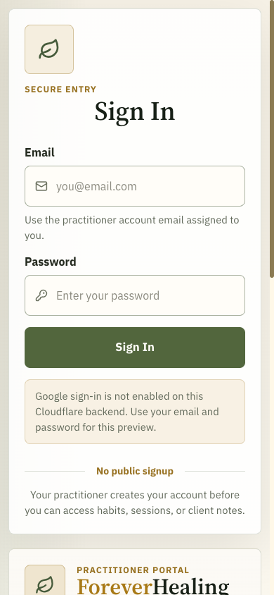 ForeverHealing practitioner login mobile preview